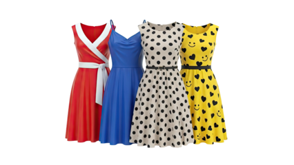 Four women's dresses in various styles and patterns