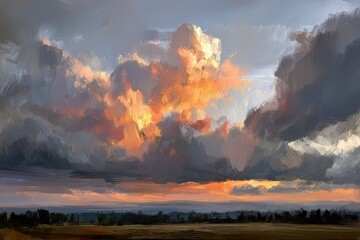 Naklejka premium Dramatic sky with vibrant orange clouds over distant landscape