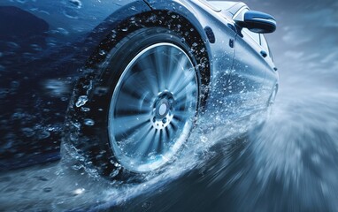 A sleek, dark-colored car speeds through water, creating splashes. The wheel spins, motion blurred