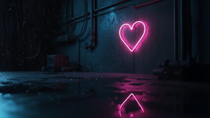 A pink neon heart glows on a wet, industrial wall with reflections on the rainy floor