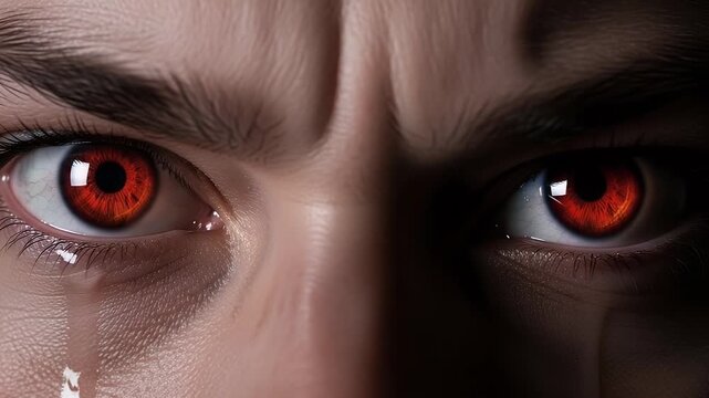 close-up red eyes with tear dramatic intense gaze