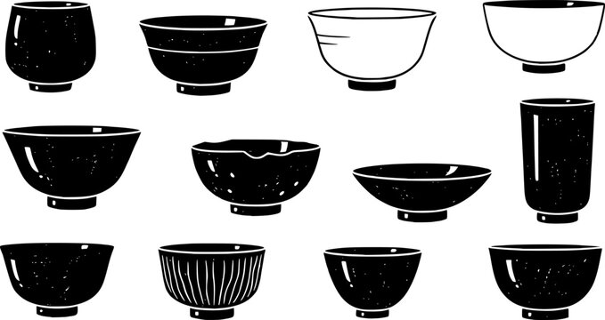 set of silhouette black and white vector Tea bowls icons collection