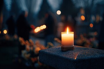 Close-up of a lit candle, cemetery in the background, night, somber, honoring the deceased