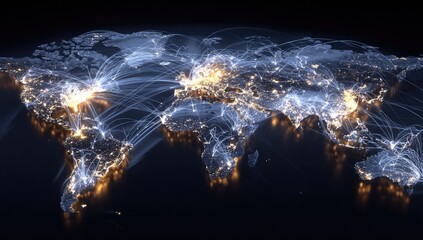 Illuminated digital map of Earth with glowing lines connecting major city hubs