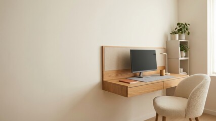 Minimal home office with floating wooden desk and large copy space wall