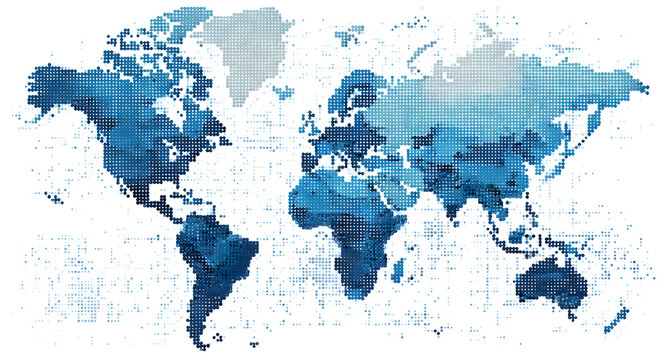 a pixel world map, in blue color with a white background, in a flat design, minimalistic style, using simple shapes and flat vector graphics Generative AI