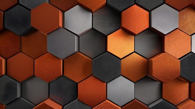 Stylish geometric hexagon mosaic background in orange and grey tones with embossed texture and soft lighting, ideal for wallpapers, branding, and creative designs.