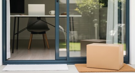 Delivery parcel placed on doormat outside modern home, with glass sliding door open to contemporary workspace, showcasing the convenience of home delivery services and remote work lifestyle