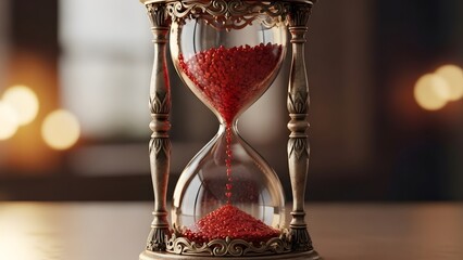 Ornate gold hourglass with red sand flowing from to bottom