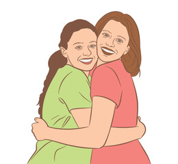 Obraz premium Two women embracing and smiling at each other warmly in a moment of friendship and affection.