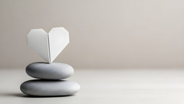 White origami heart balanced on stacked smooth grey stones paper
