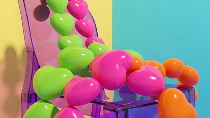 Colorful 3 D Balloons Overflowing from a Transparent Box on a Blue Background pink green