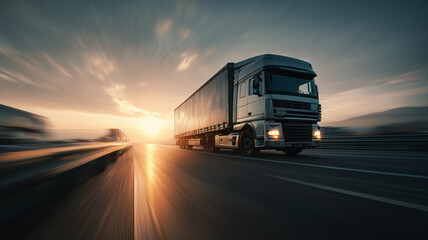 Obraz premium Express delivery expedition with cargo trucks speeding on the highway.