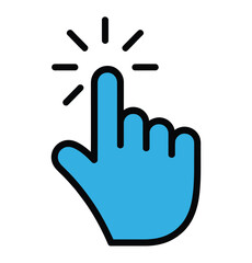 Obraz premium A blue hand icon with a pointing finger and lines indicating action or click.