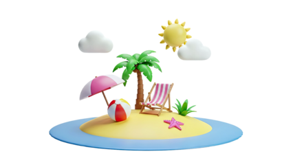 Cartoon Island Paradise with Beach Chair, Palm Tree, and Sun