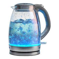 Boiling water in a modern glass electric kettle with vibrant blue led illumination isolated on transparent background