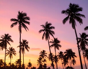Obraz premium Silhouetted palm trees reach for a vibrant gradient sky painted with shades of pink and orange. Tranquil tropical scene