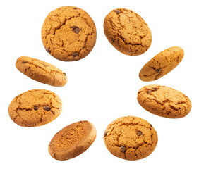 a captivating arrangement of oatmeal chocolate chip cookies, artfully scattered and floating in a dynamic composition against a deep black backdrop, highlighting their texture and ingredients.