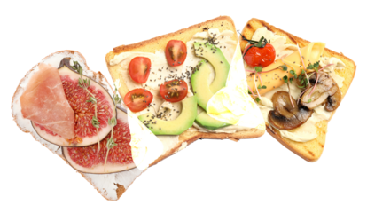 an artistic arrangement of artisanal toasts featuring unique and sophisticated toppings, including prosciutto-wrapped figs, creamy spreads with tomatoes and herbs, and saut?ed mushrooms with cheese.