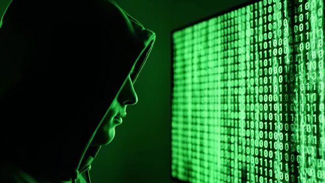 A person wearing a hoodie sitting in front of a large screen displaying green code