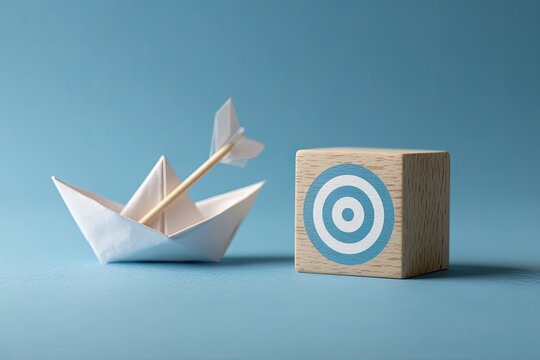 A paper boat pierced by an arrow, misses a target on a wooden block