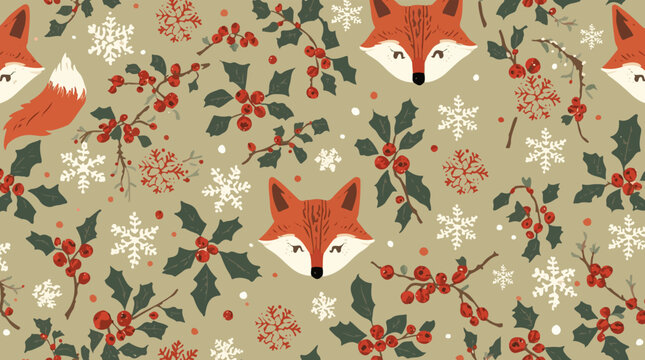 Vector template featuring a seamless Christmas pattern with fabric motifs, adorable fox animals with white fur and black noses, holly twigs adorned