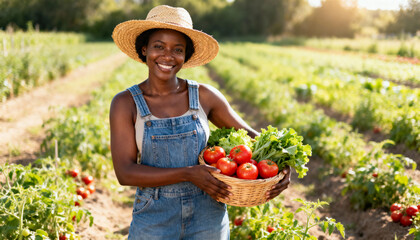Black female farmer in denim overalls holding basket of tomatoes and greens in vegetable field with rows of plants and sunlight shining in background