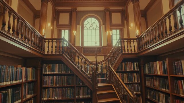 Elegant library interior with wooden staircase and bookshelves.