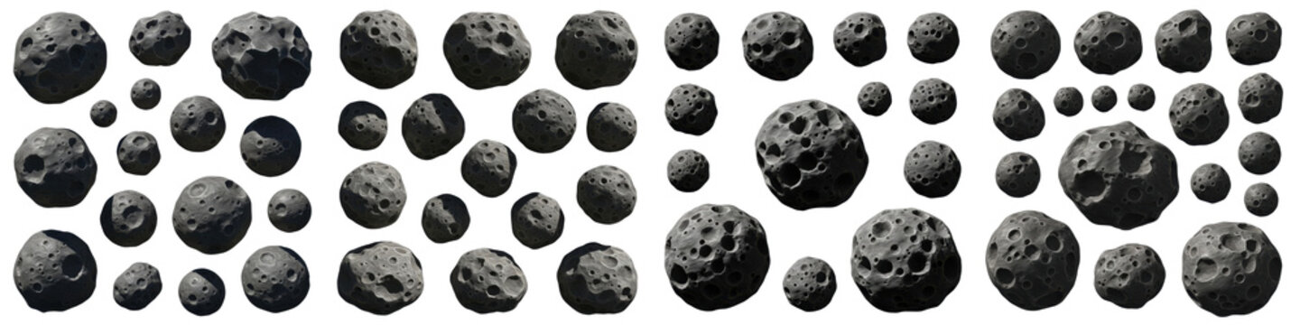 Collection of 3D realistic asteroids and meteoroids with craters, isolated dark space rocks and planetary debris set on white background