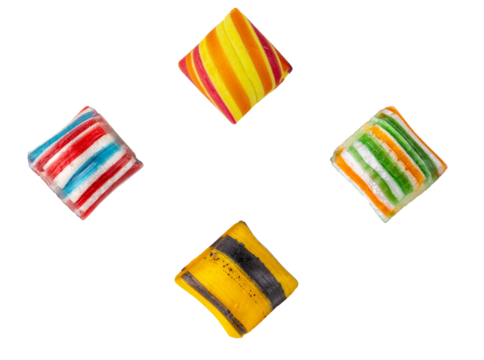 four colorful diamond-shaped candies with striped patterns arranged in a diamond formation against a transparent background, isolated studio shot. - Powered by Adobe