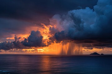 Fototapeta premium Ocean scene with dramatic sunset, dark clouds, and rainfall over water