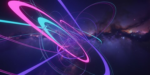Vibrant neon light trails swirling in a dark cosmic background