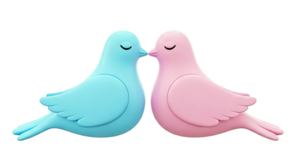 Two stylized doves, one blue and one pink, kissing