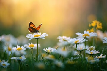 A butterfly with orange wings rests on a daisy in a field with bokeh background