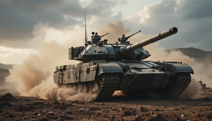 &ldquo;Modern Military Battle Tank Advancing on Battlefield with Dust and Smoke, Heavy Armored Vehicle, Ground Combat Power, War Technology, Defense Forces, Tactical Warfare and Army Strength Concept&rdquo;