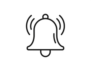 Simple, line-drawn icon of a bell, radiating sound waves, on a plain white background. Ideal for notifications or alerts