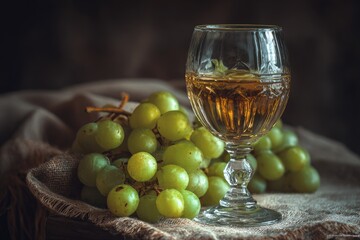 Still life of a crystal goblet filled with golden liquid, beside a bunch of green grapes