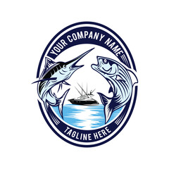 Obraz premium Fishing Emblem Logo with Marlin and Bass Fish Illustration