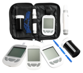 multiple diabetes testing kits, featuring glucose meters, lancets, and lancing devices, displayed in a compact carrying case and spread out on a dark background.
