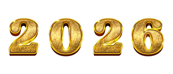 the number '2026' rendered in a luxurious, glittering golden font with a sparkling texture against a plain transparent background.