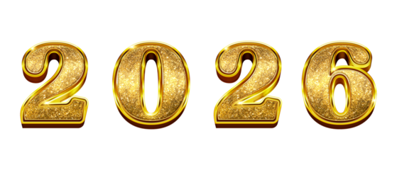 the number '2026' rendered in a luxurious, glittering golden font with a sparkling texture against a plain transparent background.