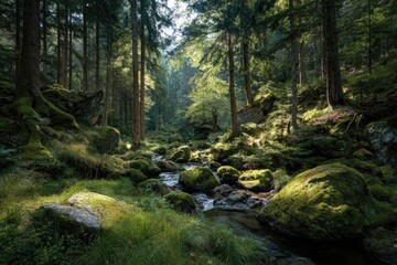 Lush forest scene with flowing stream and dappled sunlight filtering through tall trees