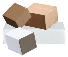 several cardboard boxes, including a tall white one and brown shipping containers, are stacked and arranged creatively on a dark background.