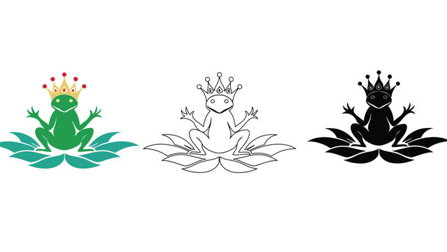 A set of three frog illustrations in different colors and styles sitting on lotus flowers with crowns