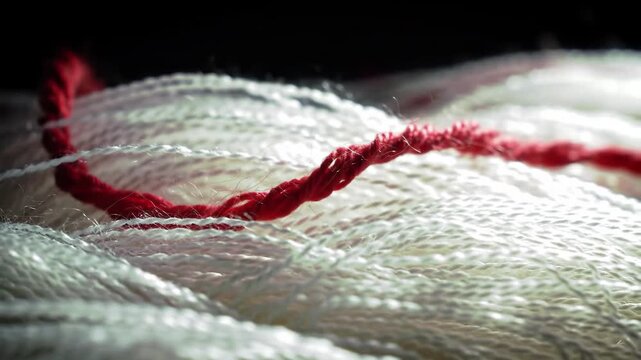 Close-up of red thread contrasting with white threads, creating a textured background.
