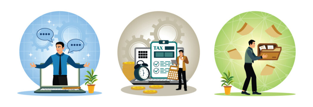 Businessman do online meeting, make online tax payments, carry big file folder to be archived.
