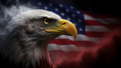 American bald eagle head in front of a smoky united states flag background with a dramatic and intense patriotic theme
