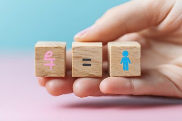Close-up of hand holding three wooden blocks. Each has a symbol. Equality concept