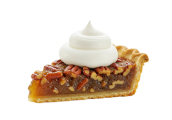 Perfect slice of pecan pie with flaky crust, rich pecan filling, swirled whipped cream, on white background with copy space, concept for gourmet autumn dessert