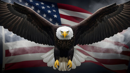 Bald eagle flying in front of a waving american flag with a dramatic sky background